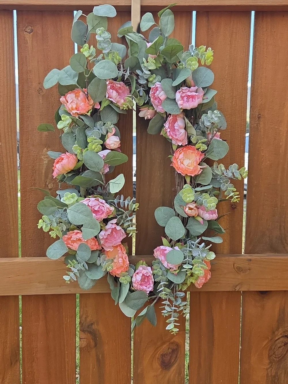 XL Everyday Elegant Pink & Peach Peony Floral Eucalyptus Door Wreath
